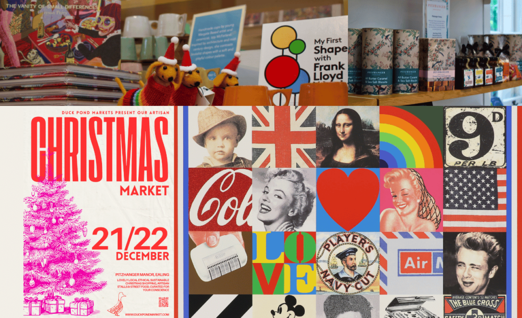 A festive retail display showcasing Christmas-themed gifts, including colorful dog toys, mugs, and a bold ‘Duck Pond Christmas Market’ poster, alongside a pop art collage with iconic images like the Union Jack and Marilyn Monroe.